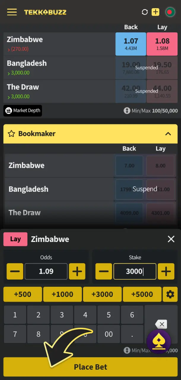 Choose your favorite team and place your cricket bet on TekkaBuzz.