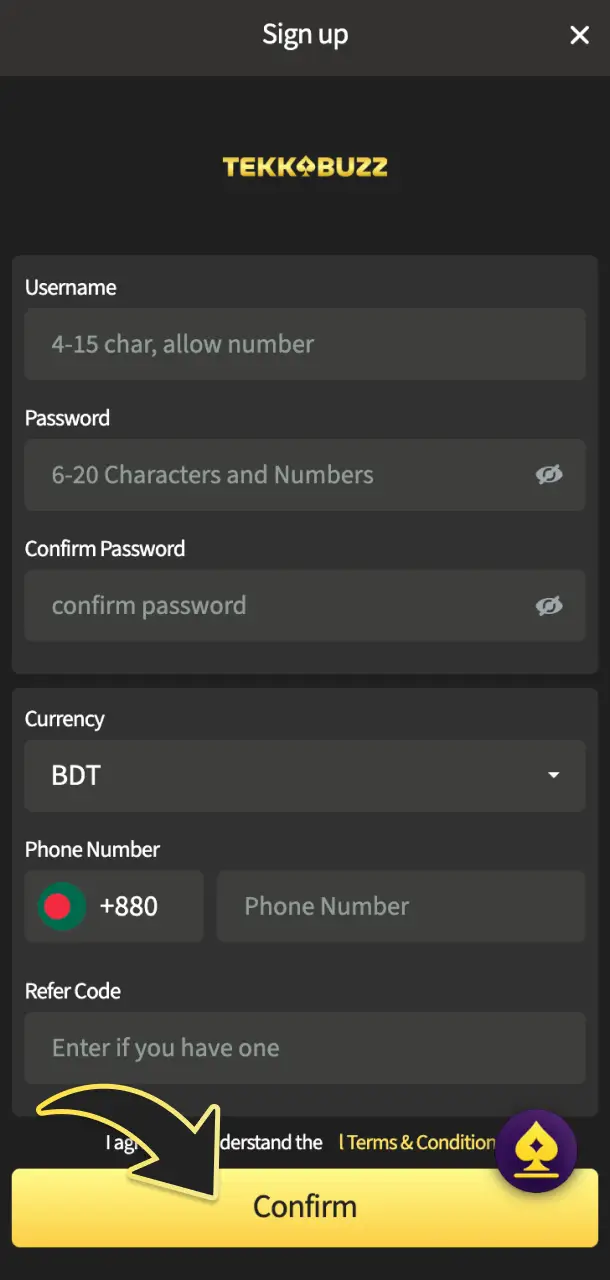 Complete the registration form to start playing via TekkaBuzz mobile web.