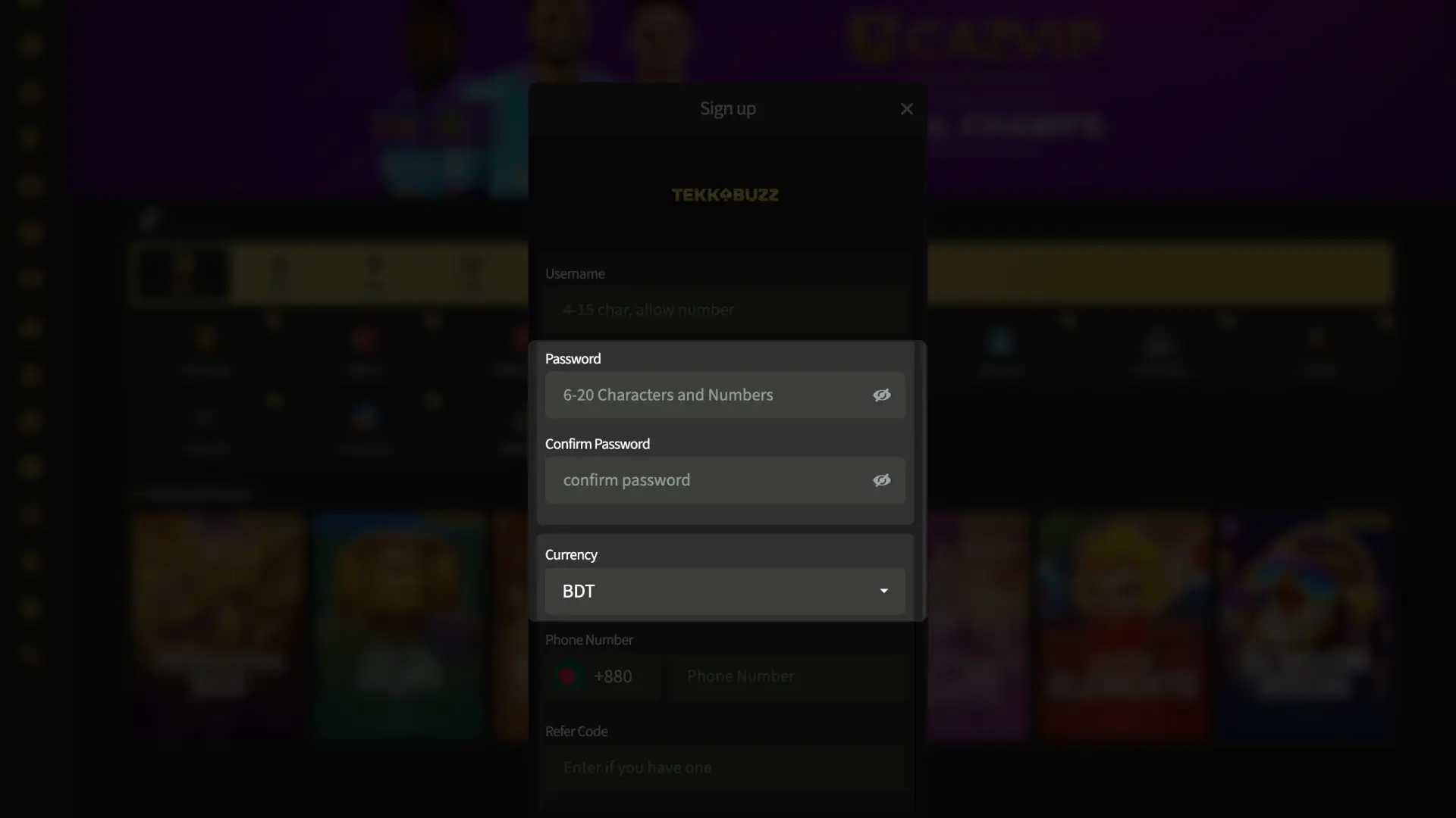 Set your currency and password to secure your TekkaBuzz registration account.